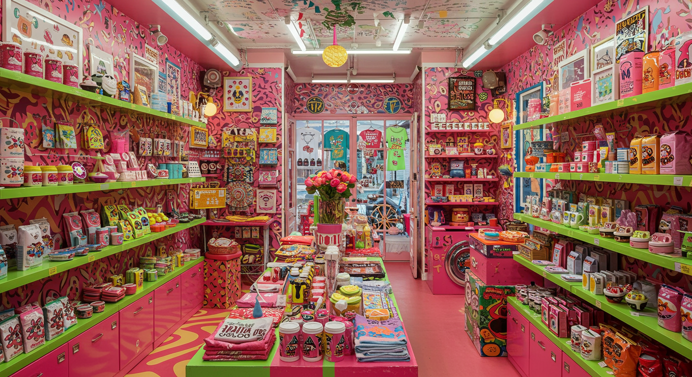 Pop-up store com decoração vibrante